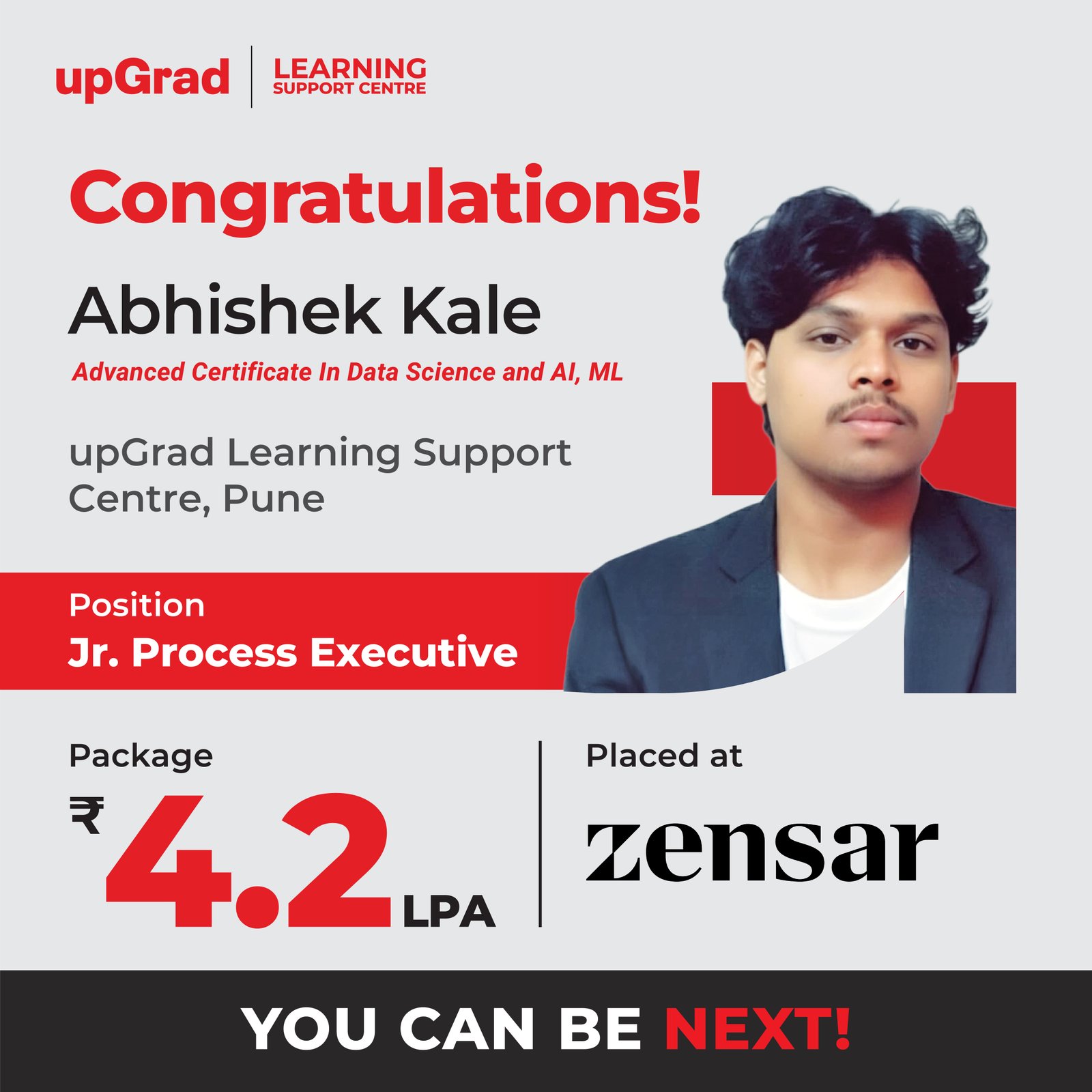 Abhishek Kale was placed at Zensar as a Jr. Process Executive with a package of 4.2 LPA.